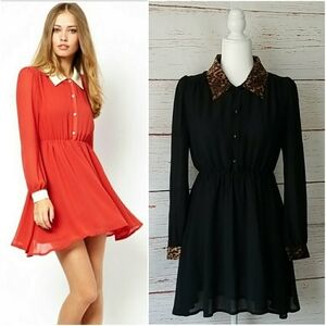 JARLO // leopard collar button down fit & flare style black shirt dress